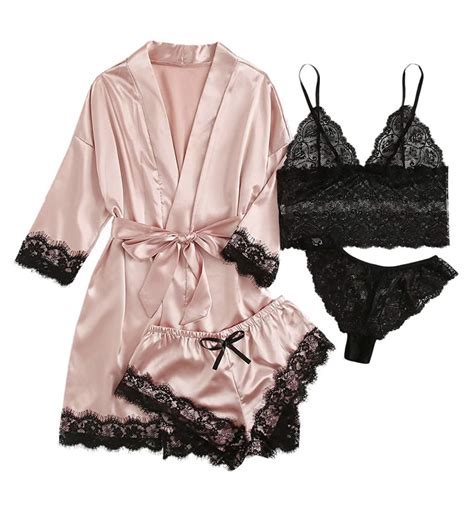 Amitofo Robes For Women Satin Silk Pajamas Set Pcs Lace Trim Cami Sexy Lingerie Sleepwear