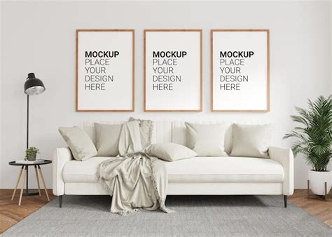 Premium PSD Three Empty Photo Frame For Mockup In Living Room 3D