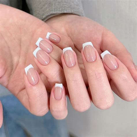 French False Nails Pcspress On Nails French Tip Square Full Cover Short False Nails Nude