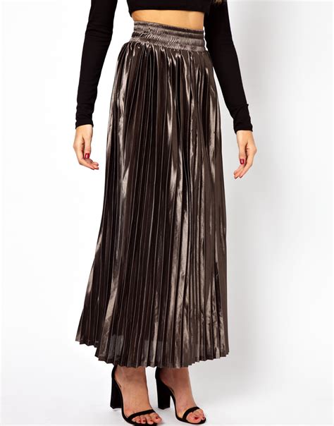 Glamorous Pleated Metallic Maxi Skirt In Metallic Lyst