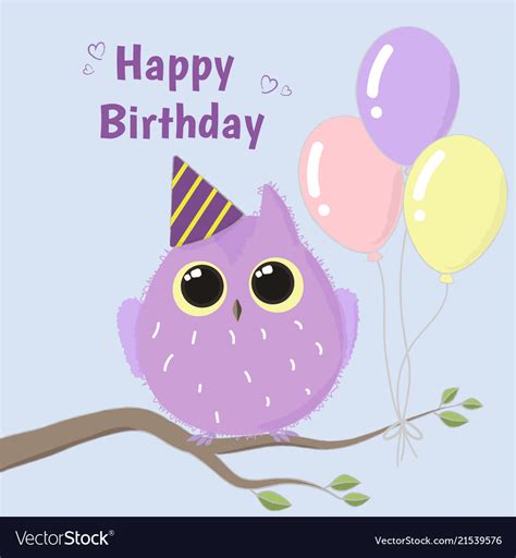 Cute Purple Owl Happy Birthday Card Royalty Free Vector