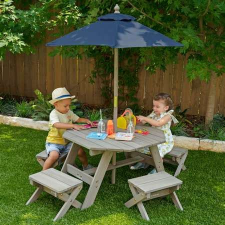 Детская садовая мебель KidKraft 4 скамьи стол-пикник зонт серо-синий ...