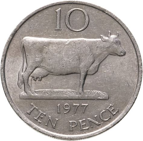 Монета гернси 10 пенсов (pence) 1977 стоимостью 349 руб.