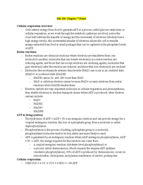 Bio Chapter Notes Bio Chapter Notes Cellular Respiration