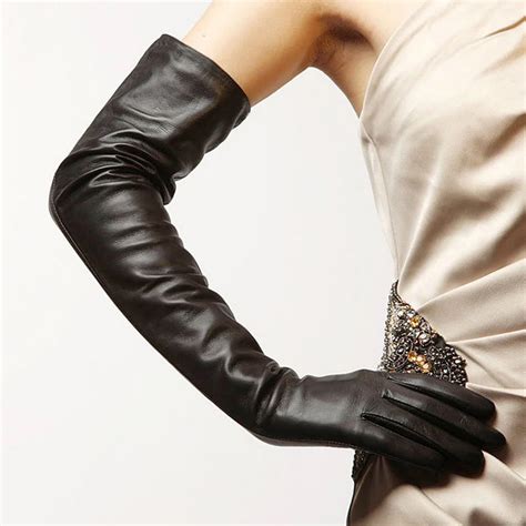 Women Above Elbow Long Real Sheep Leather Opera Evening Gloves Black