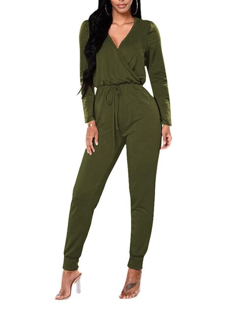 Army Green Drawstring V Neck Long Sleeve High Drawstring Waist Casual