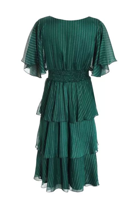 Green Glitter Chiffon Tiered Midi Dress - QUIZ Clothing