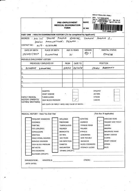 Pre Employment Medical Examination Form Page