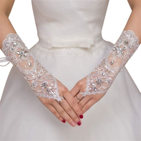 Chic Diary Lace Gloves Bridal Fingerless Gloves Tulle Crystal Sequins