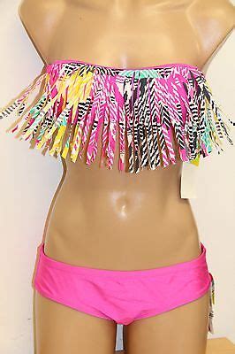 New Raisins Swimsuit Bikini 2pc Set Fringe Bra Sz S Fringe Pink