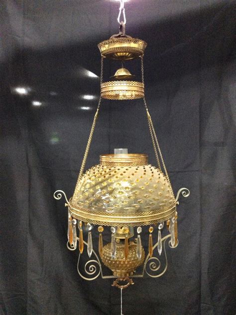 Lot Antique Brass Hanging Lamp With Amber Glass Shades