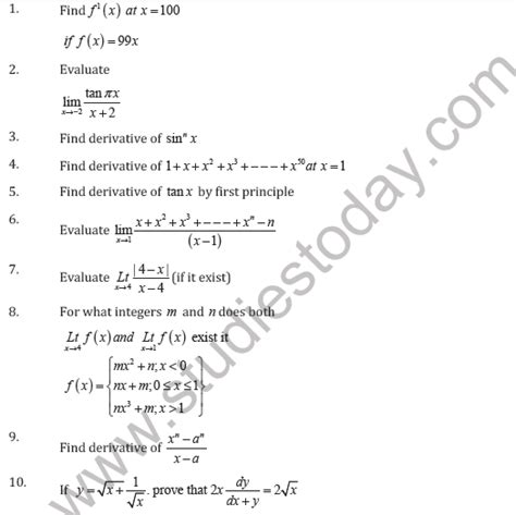 Cbse Class 11 Limits And Derivative Worksheet D