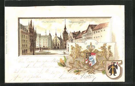 Passepartout Lithographie München Marienplatz mit Kirche Wappen