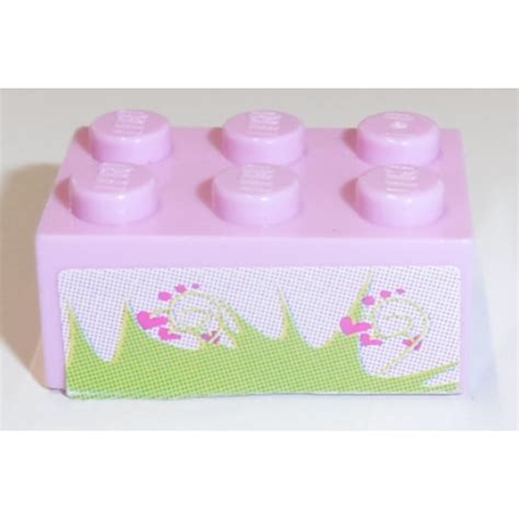 LEGO Bright Pink Brick 2 X 3 With Grass Hearts Sticker 3002 Brick