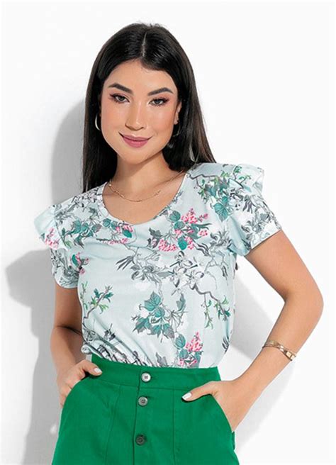 Blusa Floral Azul Babado Moda Evangélica Rosalie