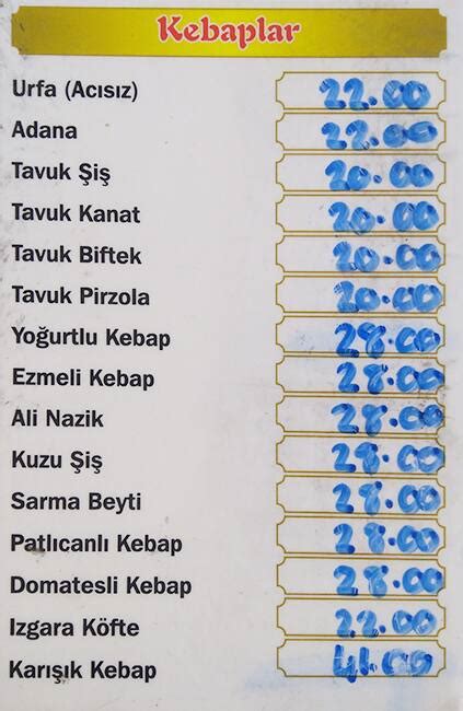 Menu At Aslanlar Kebap Istanbul Galipbey Caddes No D C