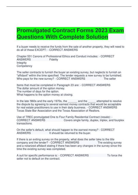 Promulgated Contract Forms 2023 Exam Questions With Complete Solution