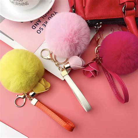 Fluffy Multicolor Pompom Faux Rabbit Fur Ball Keychains Leather Flower