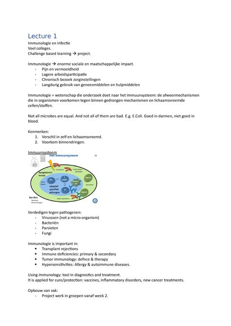 College 1 Aantekeningen Lecture 1 Immunologie En Infectie Veel