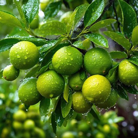 Un Mont N De Limones Verdes Cuelgan De Un Rbol Con Gotas De Lluvia