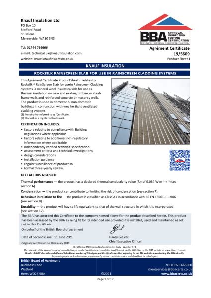 Knauf Insulation Rocksilk Rainscreen Slab Bba Certificate I