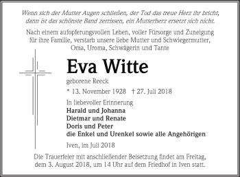 Traueranzeigen Von Eva Witte Trauer Nordkurier