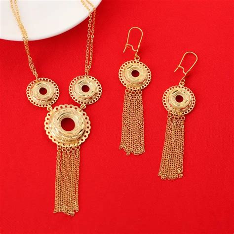 New Ethiopian Jewelry Women K Gold Color Necklace Earrings India