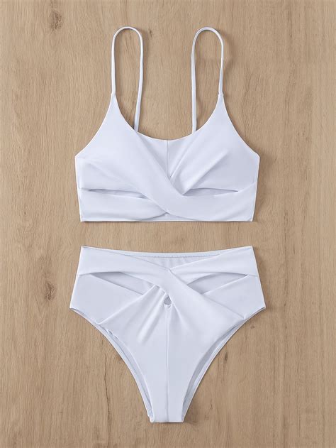 Solid Color Swimsuit High Waist Sexy Bikini Cross Split Two Piece Swimsuit Woman Beach Bikini