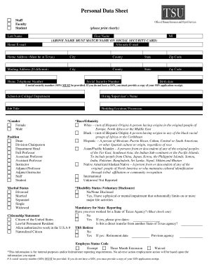 Fillable Online Tsu Personal Data Sheet Texas Southern University Fax