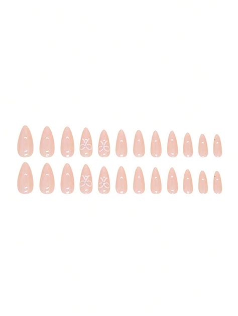 Medium Almond Shaped Nude Color Glossy Transparent Bow Knot Design Press On Faux Nails For Women
