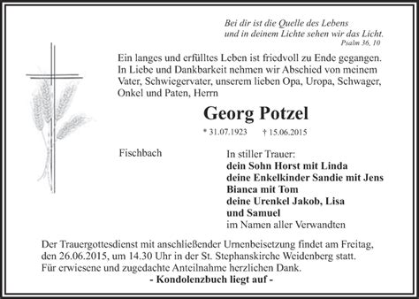 Traueranzeigen Von Georg Potzel Nordbayerischer Kurier