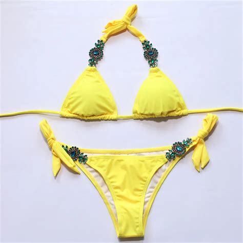 Seksi Bikini Kadınlar Kristal Alt Bikini Seti Yıkanma Suits