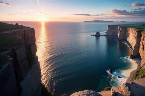 Premium AI Image | A sunset over the ocean with a cliff in the background