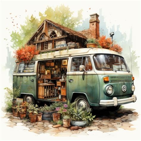 Watercolor Flower Market On Camper Van Clipart Generative Ai Premium