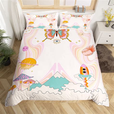 Yst Groovy Butterfly Comforter Cover For Girls Trippy Hippie Mushroom