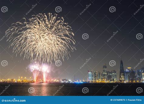 Fireworks in the Doha Corniche, Doha, Qatar. Stock Image - Image of ...