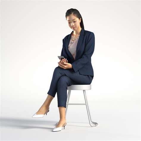 3d People Asian Woman Business Sitting Low Poly Emily 001 With Phone 3d