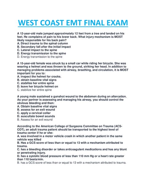 West Coast Emt Final Exam Latest Updated Version Series All