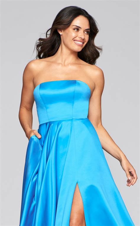 Strapless A Line Satin Prom Dress With Square Cut Neckline At Ball