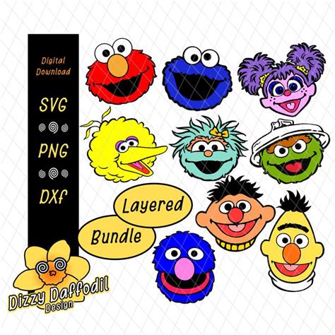 Sesame Street Face Head Bundle Svg Dxf Sesame Street Layered Design Digital Download Elmo