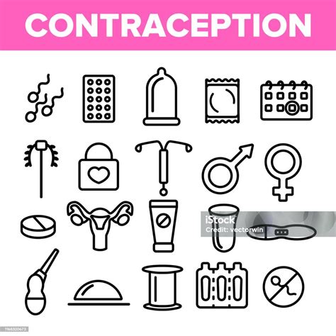 Contraception Linear Vector Icons Set Thin Pictogram Stock Illustration