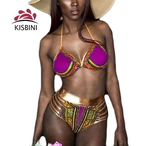 Kisbini Sexy African Golden Halter Bikini High Waist Swimsuit Two