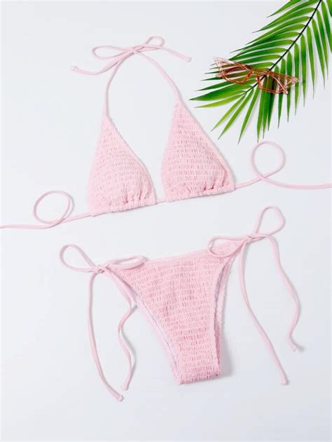 Mono Bikini Set Gesmokter Mikro Dreiecks BH Und Unterteil Mit