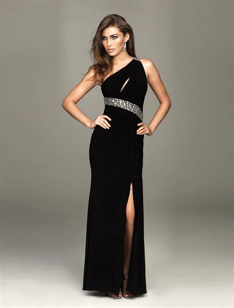 Elegant One Strap Column Beaded Sash Floor Length Black Little Dress