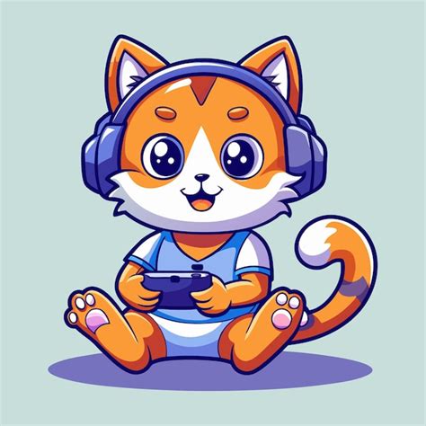 Cute Cat Gaming With Joystick And Headphones Playing Game Cartoon