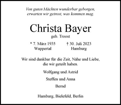 Traueranzeigen Von Christa Bayer Hamburgertrauer De