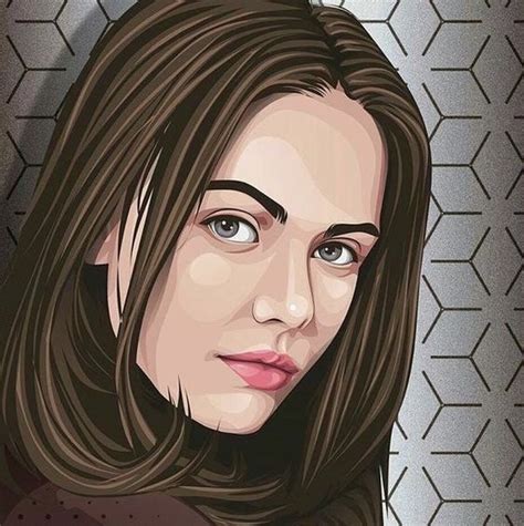 A Digital Painting Of A Woman S Face With Long Brown Hair And Blue Eyes