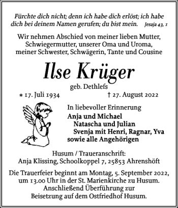 Traueranzeigen Von Ilse Kr Ger Sh Z Trauer