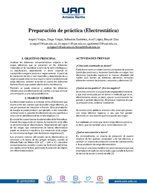 Preinforme Electrostica Preparaci N De Pr Ctica Electrost Tica