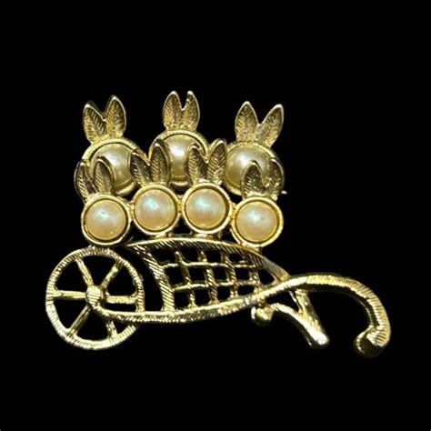 Vintage Rabbits In Wheelbarrow Brooch Gold Tone Faux Pearl Jewelry